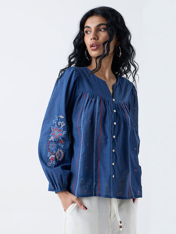 Bombay Paisley Blue Embroidered Cotton Top