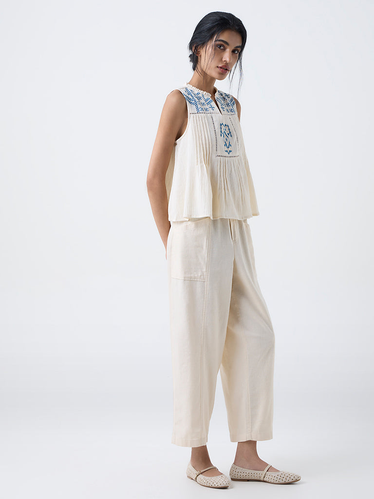 Bombay Paisley Off-White Solid Cotton-Blend Pants