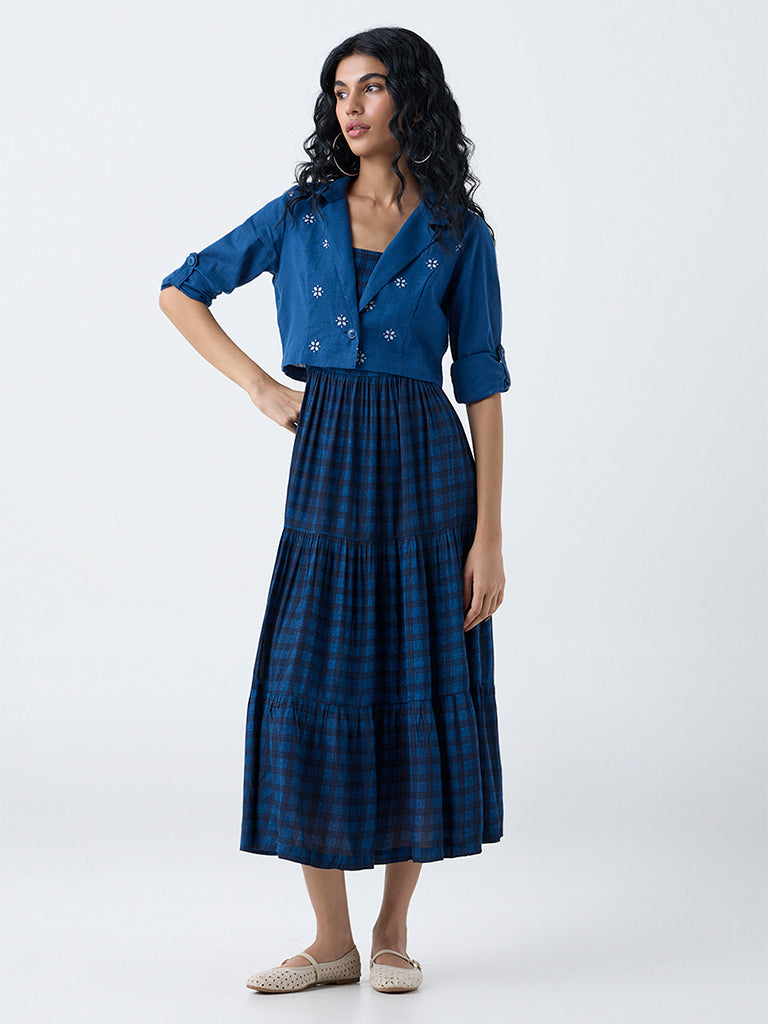 Bombay Paisley Dark Blue Checkered Tiered Dress with Jacket