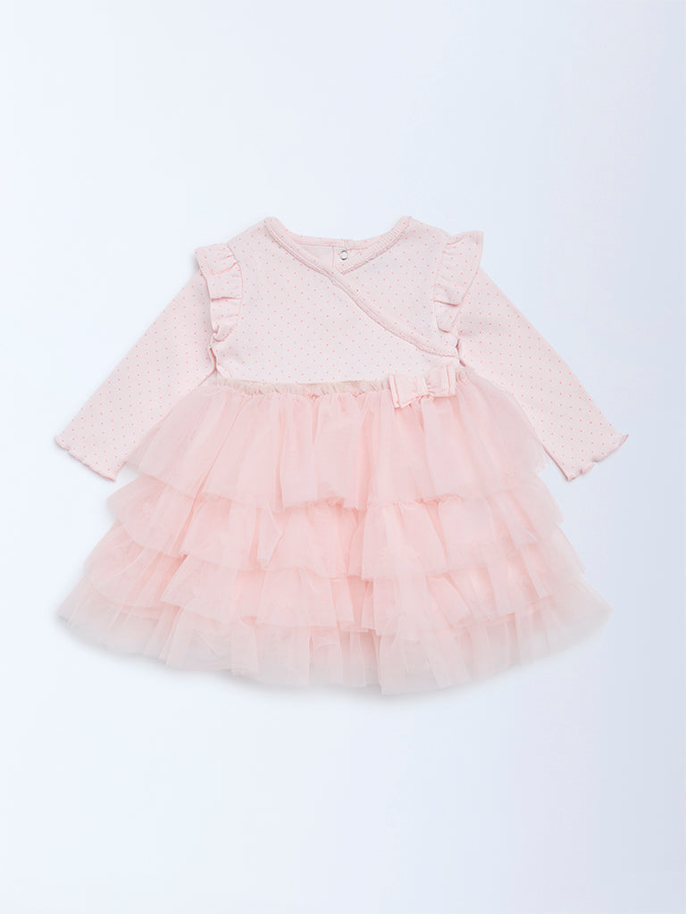 HOP Baby Pink Printed Cotton-Blend Tiered Dress