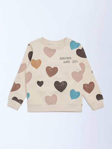 HOP Kids Beige Heart Printed Cotton-Blend Sweatshirt