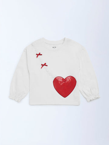 HOP Kids Off-White Heart Embellished Cotton Top