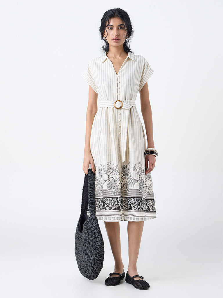 Bombay Paisley Off-White Cotton Shirt Dress with Belt