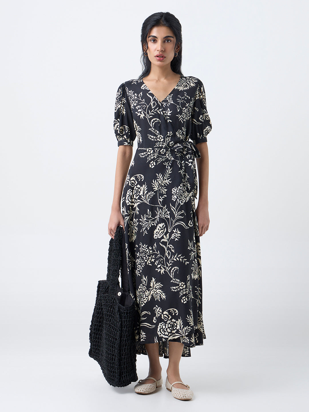 Bombay Paisley Black Foliage Pattern Wrap-Style Dress