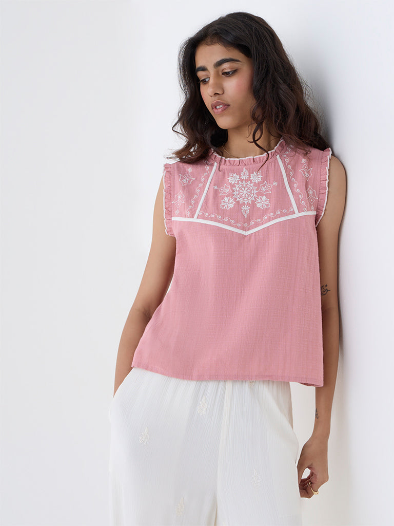 Bombay Paisley Pink Embroidered Cotton-Blend Top