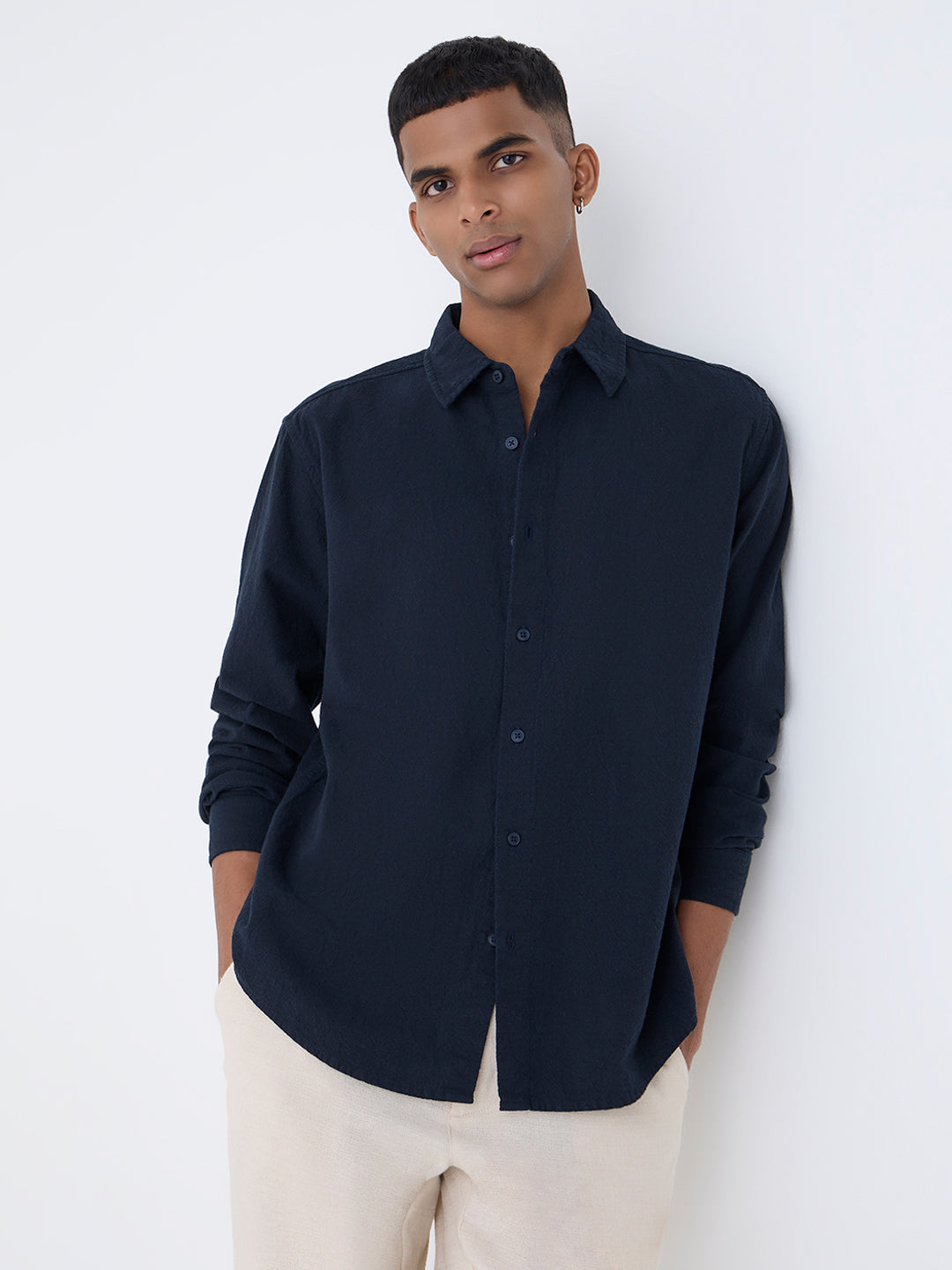 ETA Navy Solid Relaxed-Fit Cotton Shirt