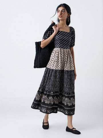 Bombay Paisley Black Printed Cotton Tiered Dress