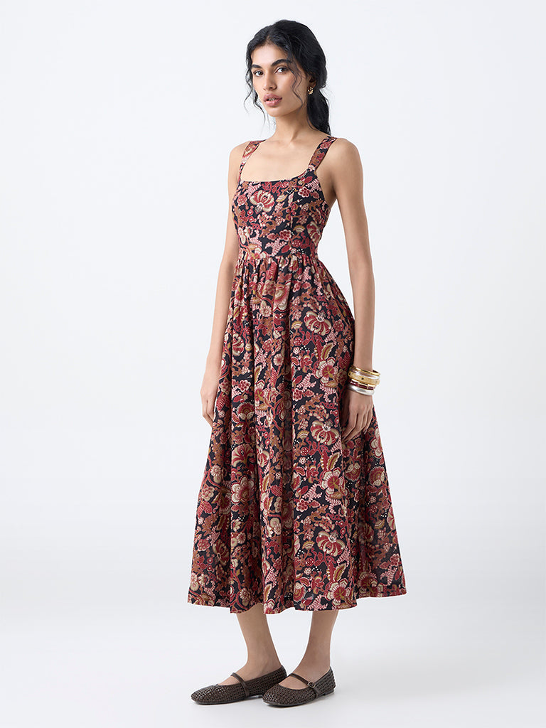 Bombay Paisley Maroon Floral Cotton A-Line Dress