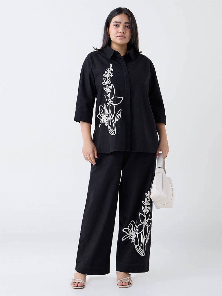 Gia Black Floral Embroidered Cotton-Blend Trousers