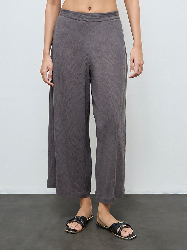 Utsa Grey Crinkle Textured Cotton Pants