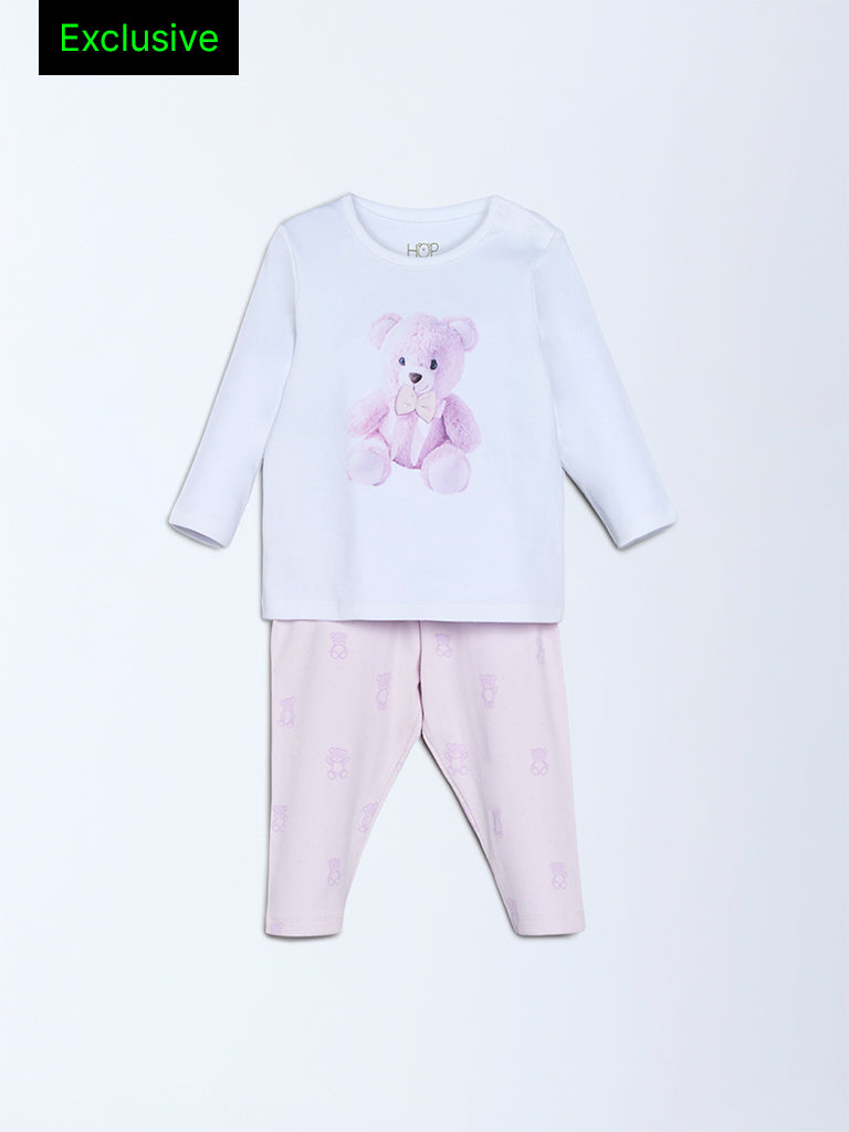 HOP Baby Lilac Teddy Printed Cotton T-Shirt and Pants Set - Exclusive