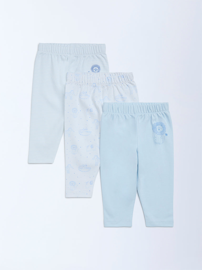 HOP Baby Boys Blue Printed Mid-Rise Cotton Pants - Pack of 3