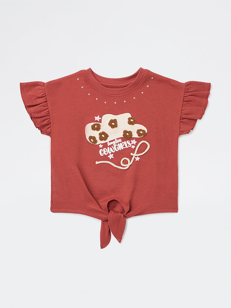 HOP Kids Girls Red Embroidered Cotton Top