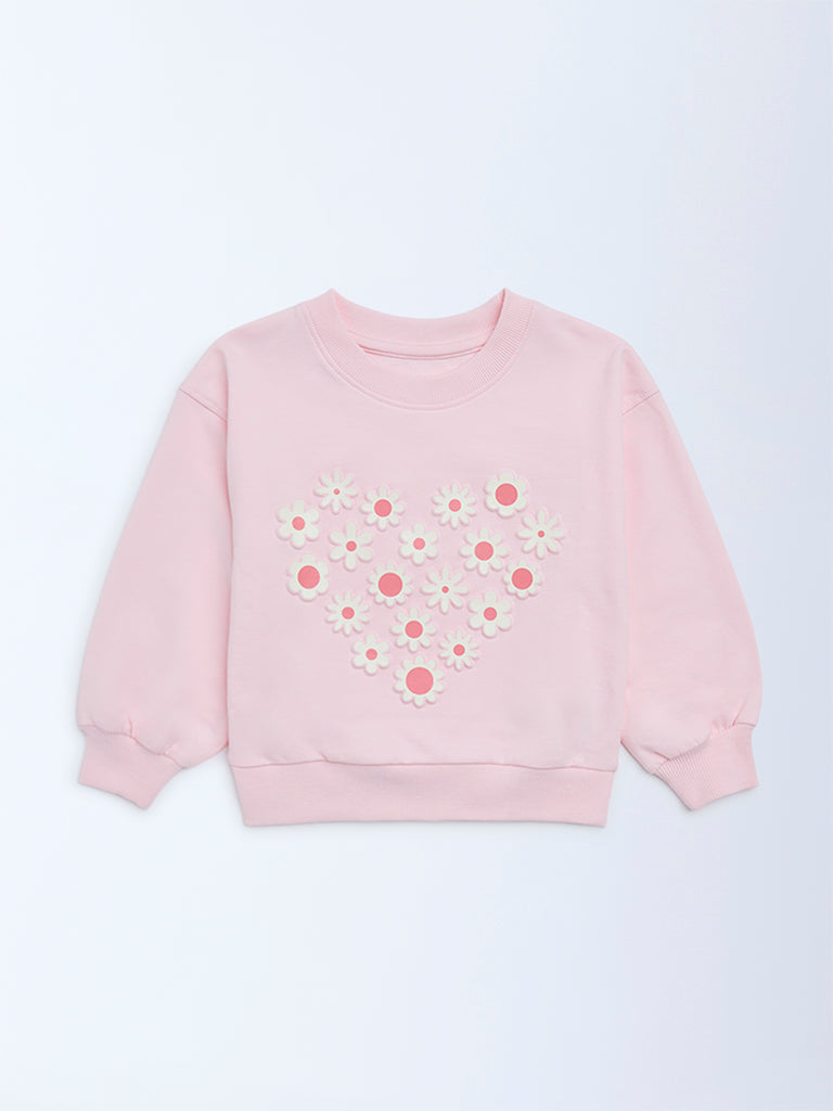HOP Kids Girls Pink Floral Design Cotton-Blend Sweatshirt