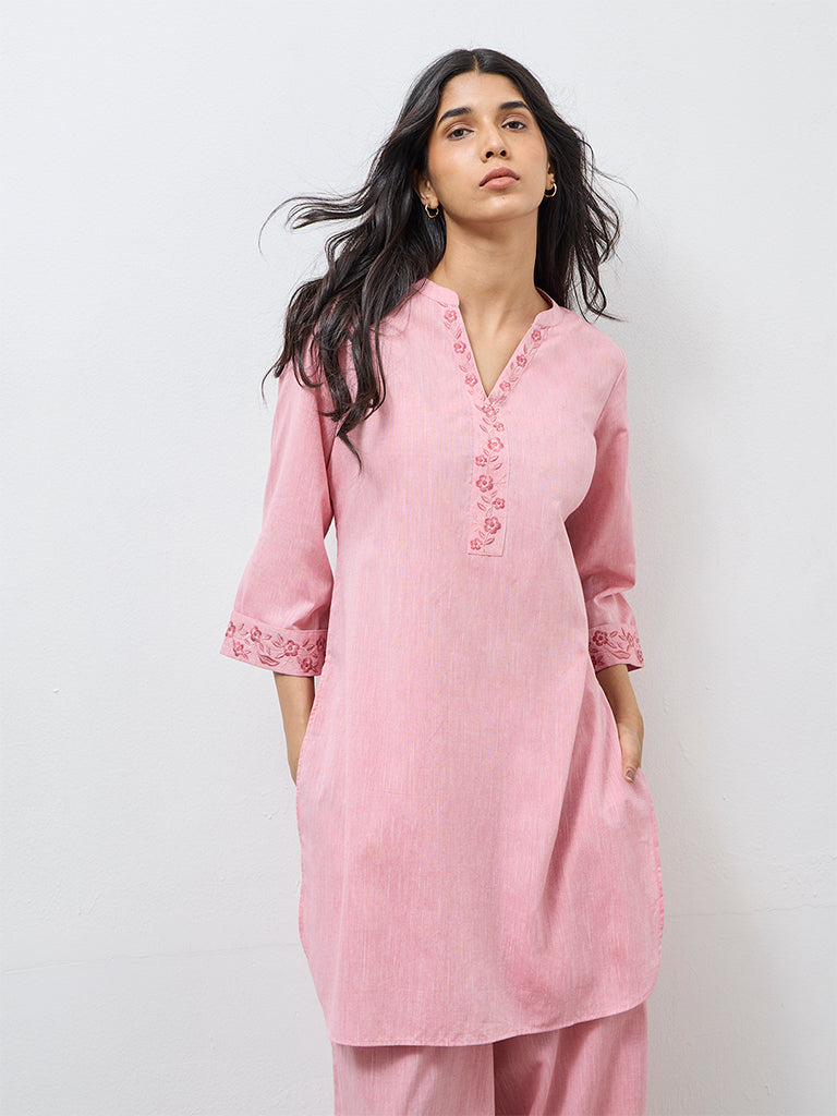 Utsa Light Pink Floral Embroidered Cotton A-Line Kurta