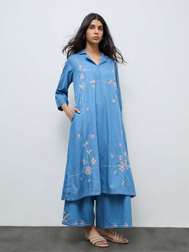 Utsa Blue Floral Embroidered Denim A-Line Kurta