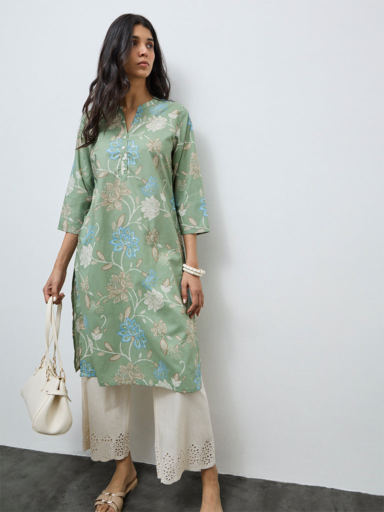 Utsa Green Floral Printed Cotton Straight Kurta