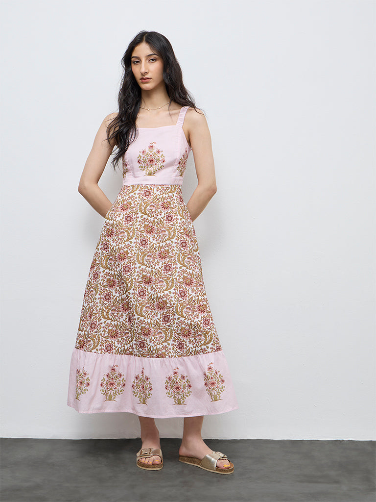 Bombay Paisley Pink Floral Printed Cotton A-Line Dress