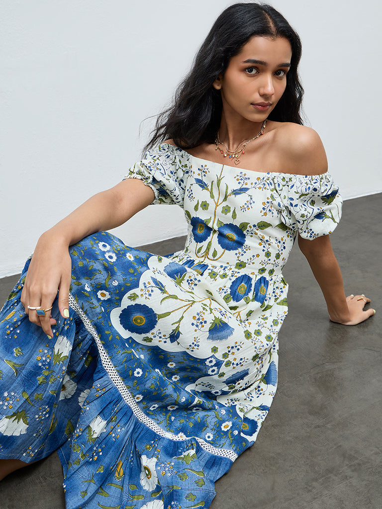 Bombay Paisley Off-White Floral Cotton Tiered Dress