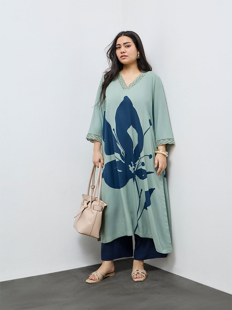 Diza Mint Floral Printed A-Line Kurta