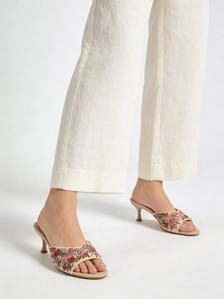LUNA BLU Red Floral Embellished Kitten Heel Sandals