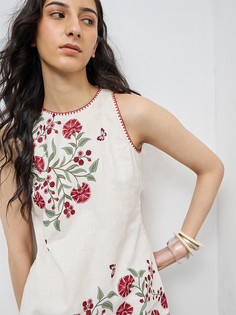 Bombay Paisley Off-White Floral Cotton Straight Dress