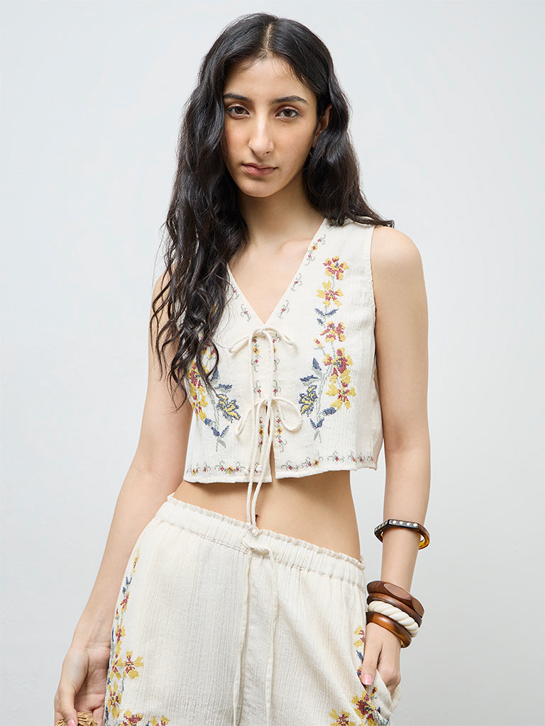 Bombay Paisley Off-White Floral Embroidered Cotton Top