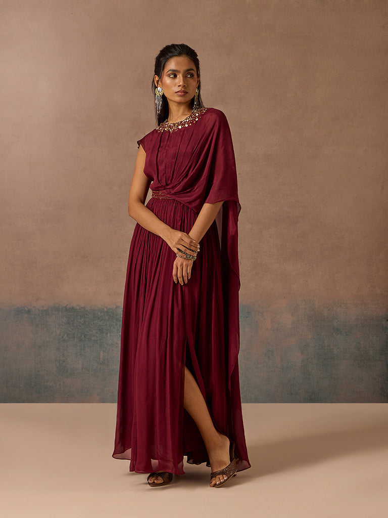 Embellished Maroon Maxi Dress