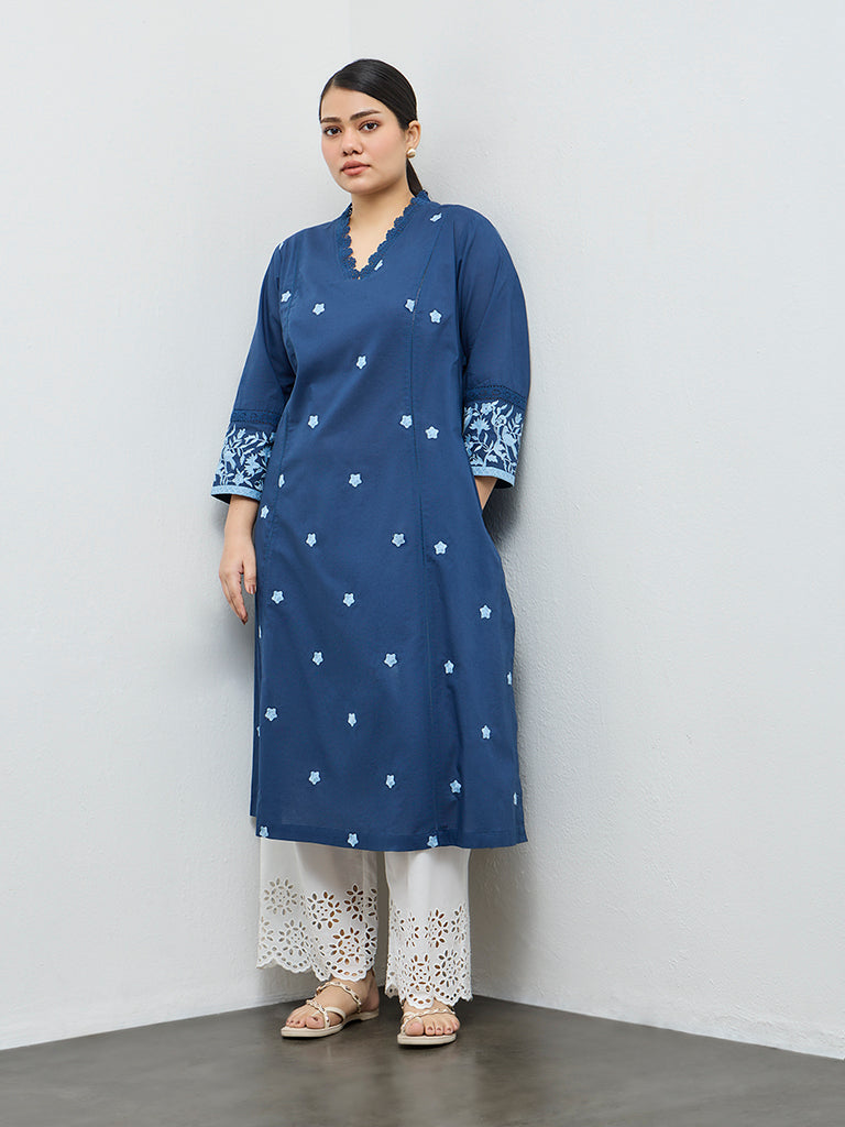 Diza Indigo Floral Embroidered Cotton A-Line Kurta
