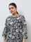 Diza Black Botanical Design A-Line Kurta