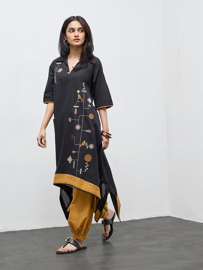 Utsa Black Foliage Printed Cotton A-Line Kurta