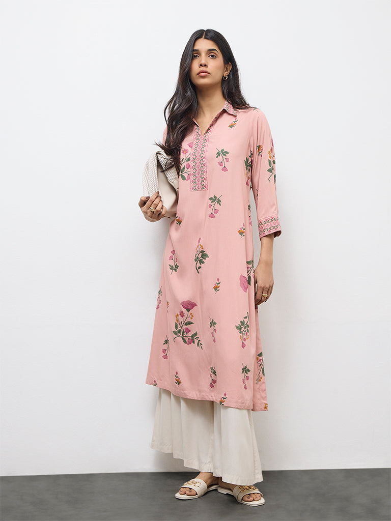 Utsa Dusty Pink Floral Design A-Line Kurta