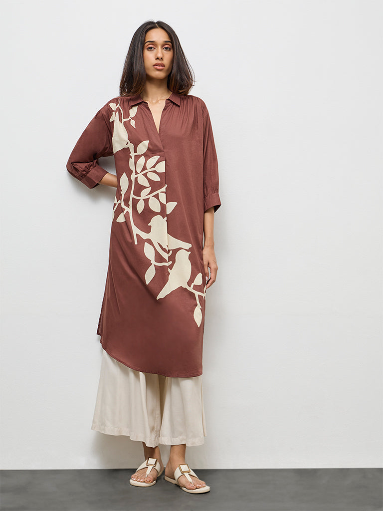 Utsa Dark Brown Foliage Printed Cotton A-Line Kurta
