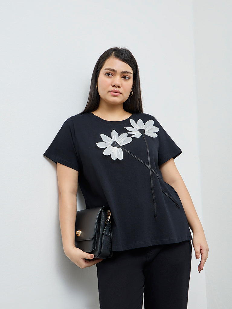 Gia Black Floral Embroidered Cotton T-Shirt