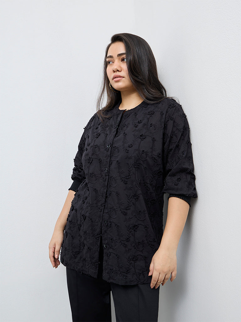 Diza Black Floral Embroidered Cotton Tunic