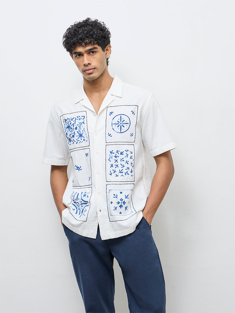 ETA White Printed Relaxed-Fit Cotton Shirt