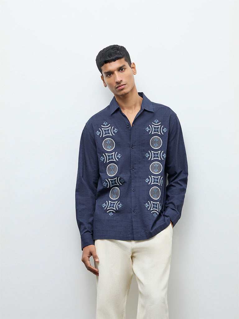 ETA Navy Embroidered Relaxed-Fit Cotton Shirt