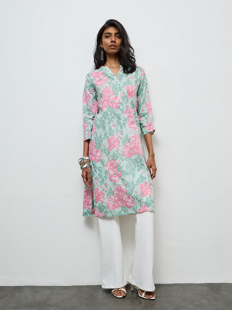 Utsa Mint Floral Printed Cotton Straight Kurta