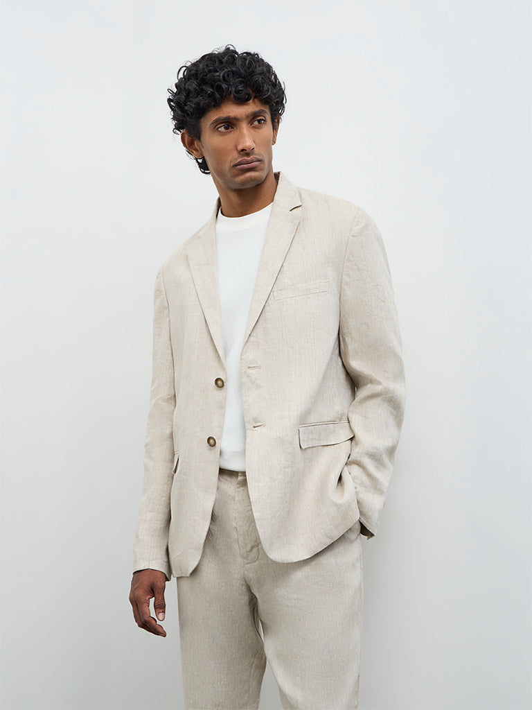 Ascot Beige Solid Relaxed-Fit Linen Blazer