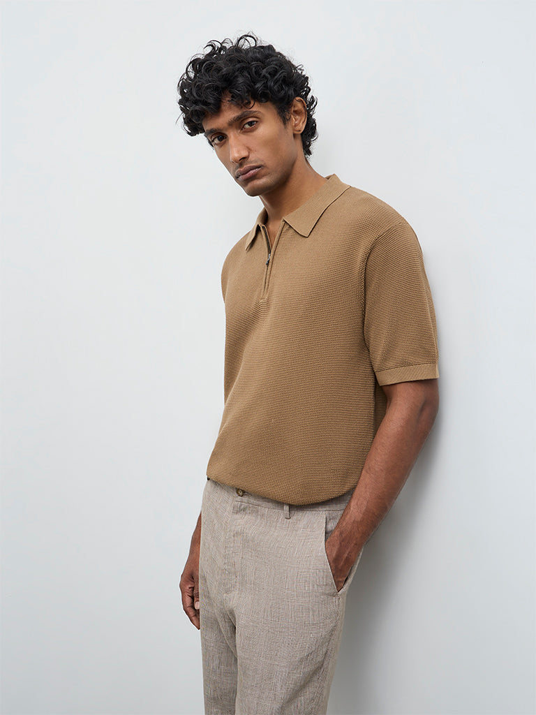 Ascot Tan Relaxed-Fit Cotton Quarter-Zip Polo T-Shirt