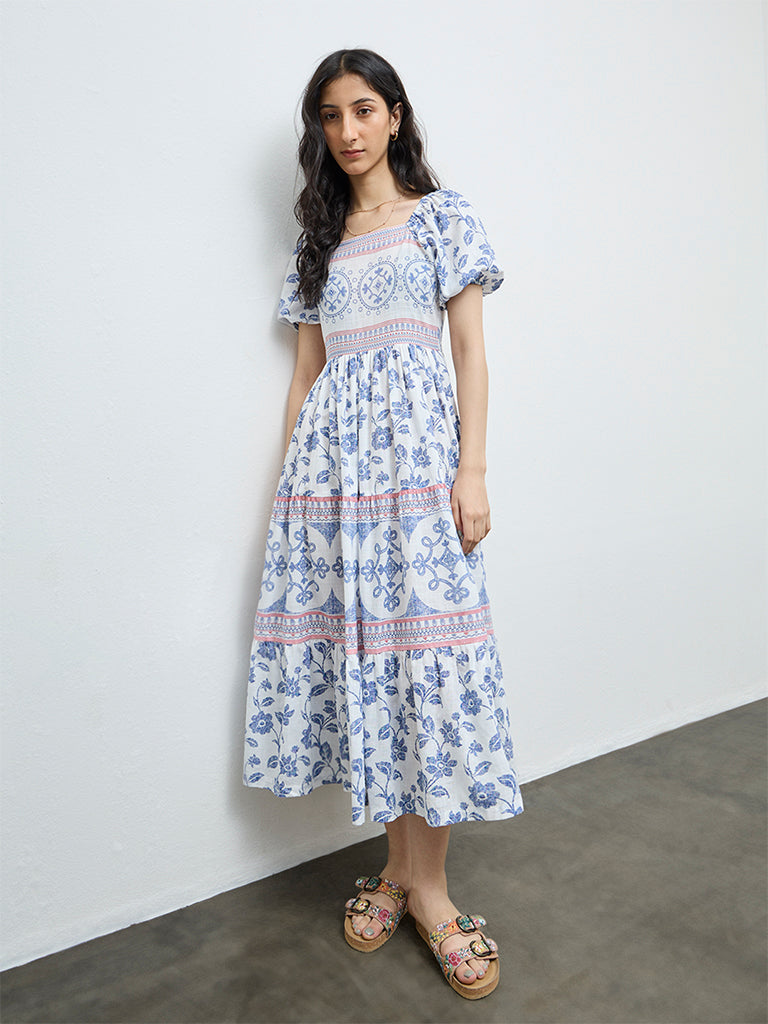 Bombay Paisley Pink Floral Embroidered Cotton Tiered Dress