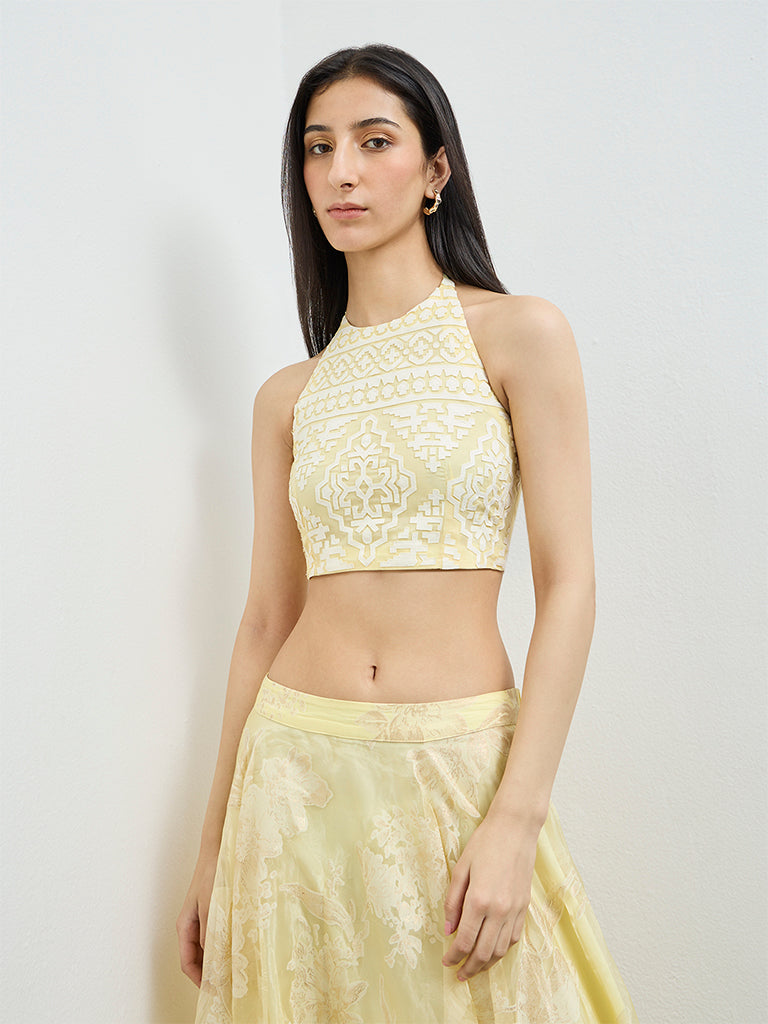 Vark Yellow Geometric Embroidered Top