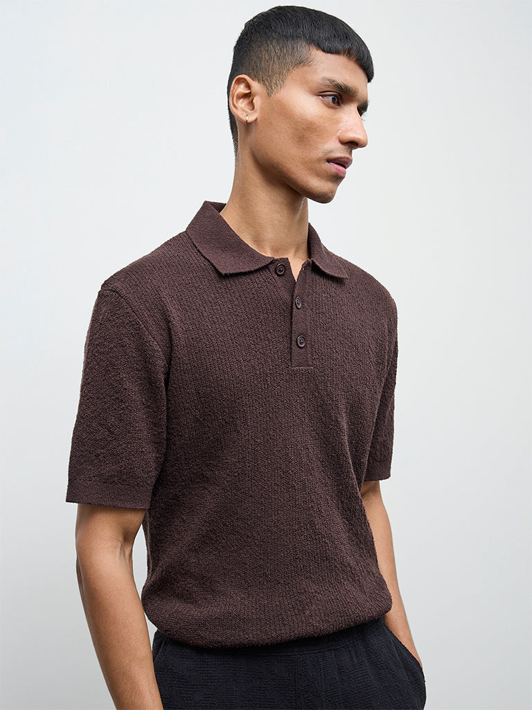 ETA Dark Brown Textured Relaxed-Fit Polo T-Shirt