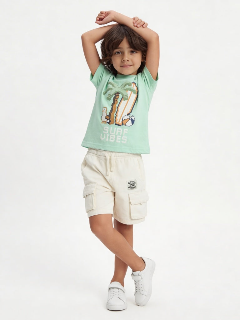 HOP Kids Boys Sea Green Printed Cotton T-Shirt