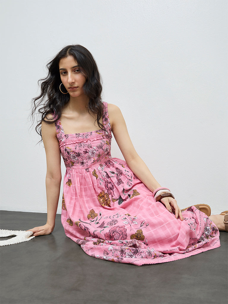 Bombay Paisley Pink Floral Pattern Cotton A-Line Dress