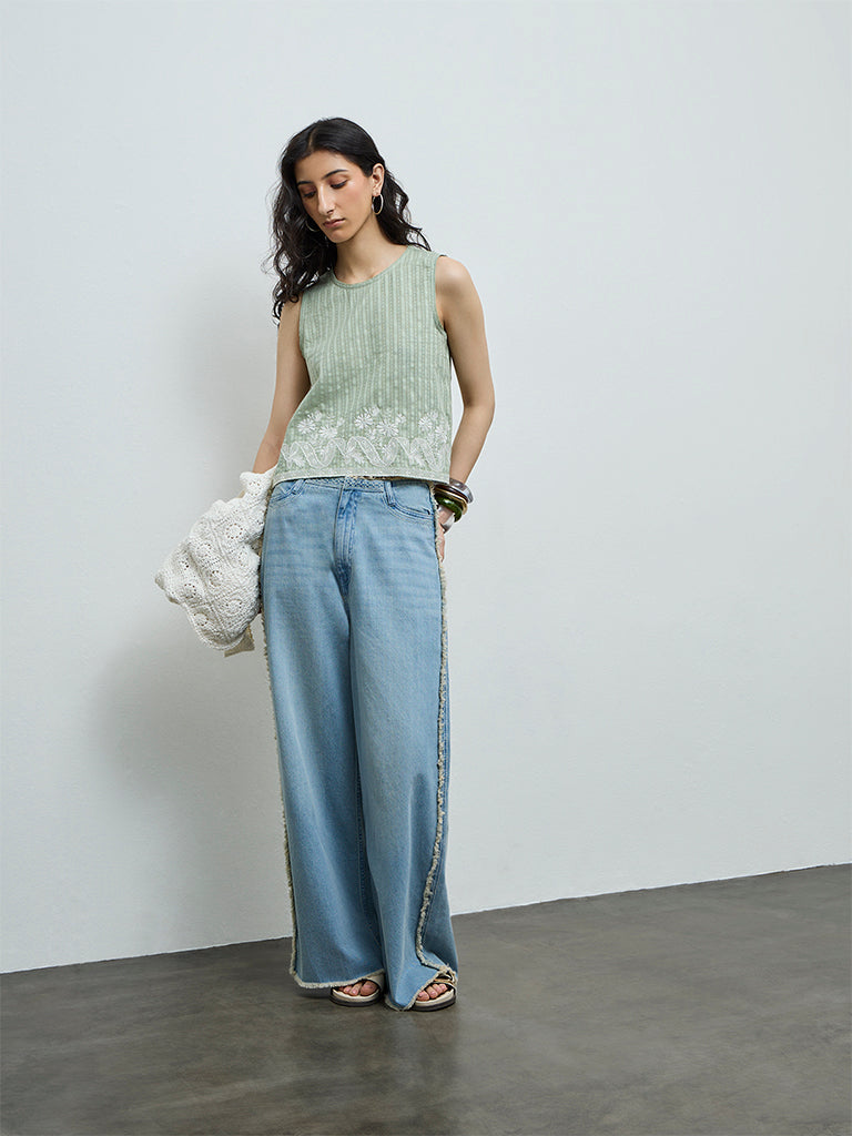 Bombay Paisley Sage Embroidered Cotton Top