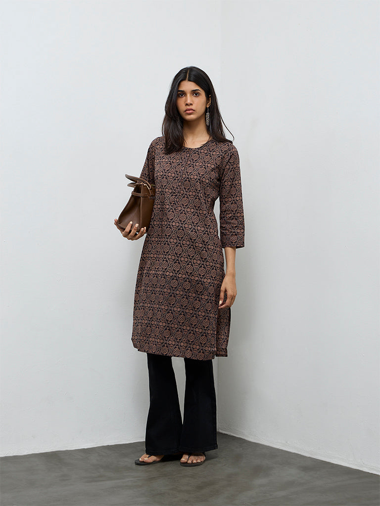 Utsa Brown Printed Cotton Straight Kurta