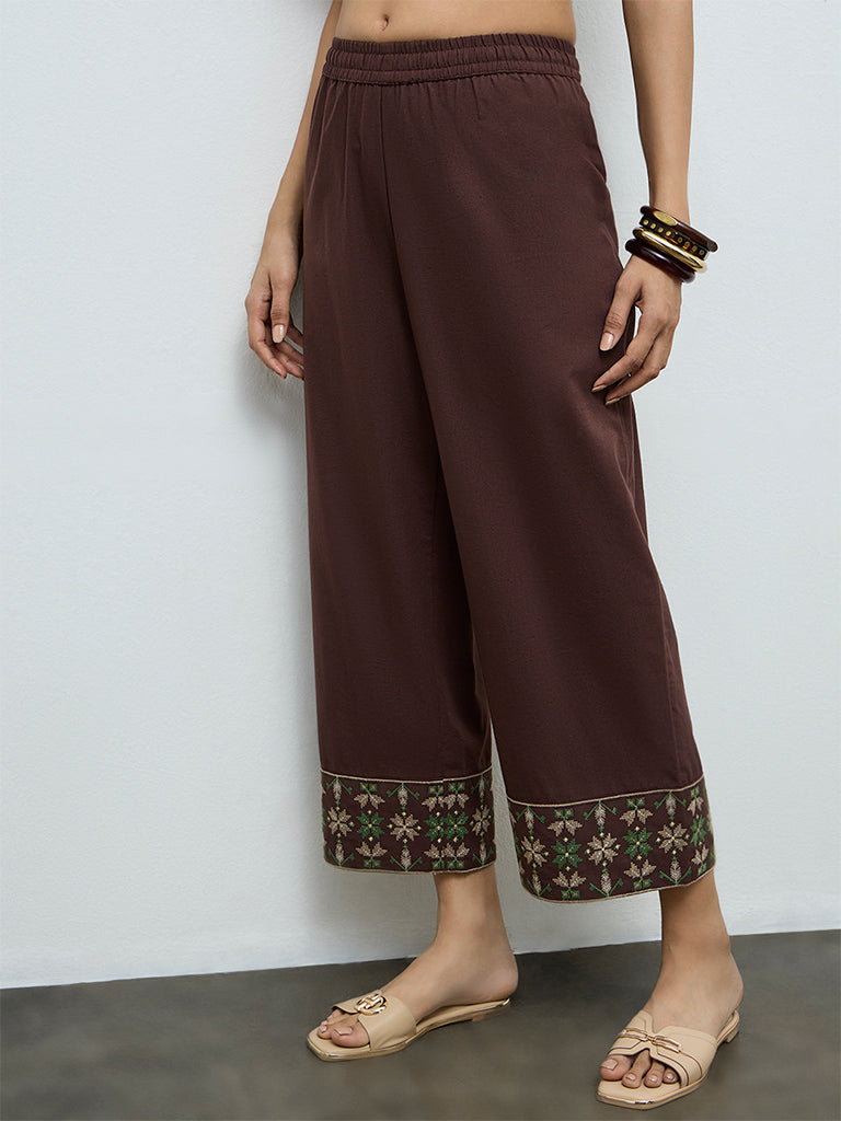 Utsa Dark Brown Aztec Embroidered Cotton-Blend Pants