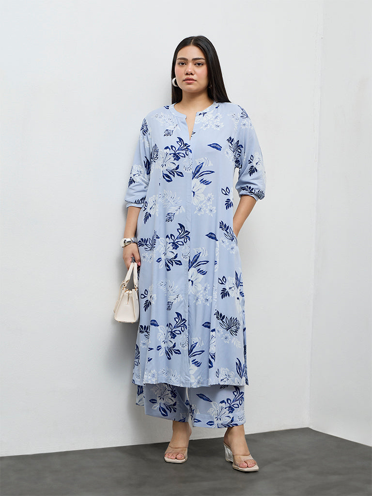 Diza Dusty Blue Botanical Printed A-Line Kurta