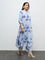 Diza Dusty Blue Botanical Printed A-Line Kurta